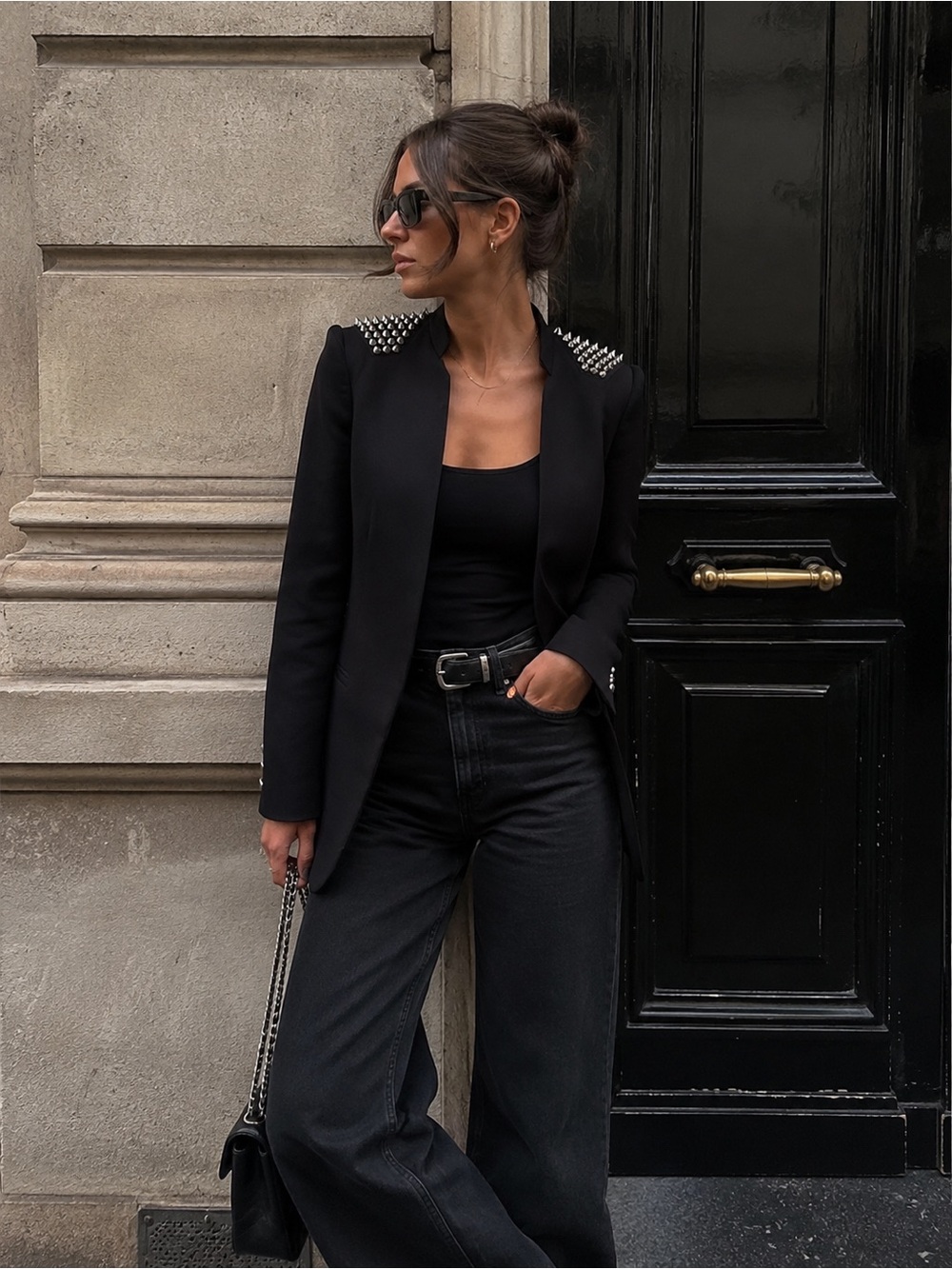 ZARA Basic Black Studded Shoulder Blazer Jacket Size S